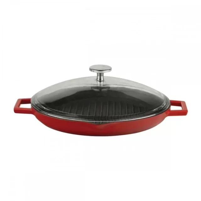 LAVA Lijevanoželjezna grill tava, 26 cm – s dva drška i staklenim poklopcem, crvena
